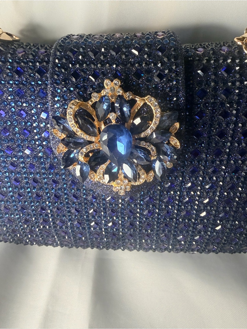 Elegant Navy Crystal Evening Bag with Gold Accents - Picture 6 of 9